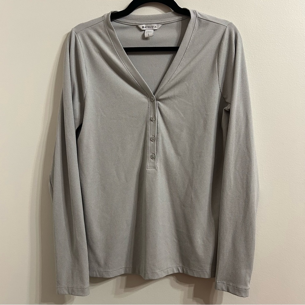 ATHLETA Women’s Uptempo Ribbed Henley Shirt Long Sleeve Thumbholes Gray Sz Large